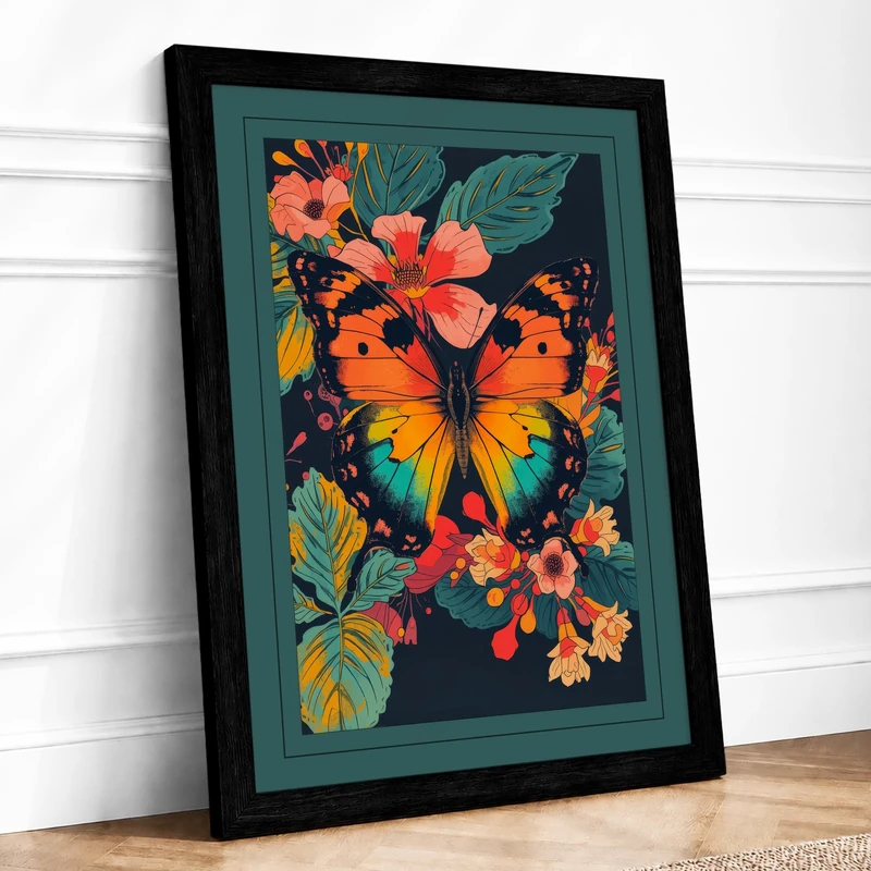 Butterfly and Wildflowers Botanical Framed Wall Art Print A1 (84.1×59.4cm) Black, Wall Decor for Living Room, Bedroom, Office & Home, Ready to Hang, Art Gift