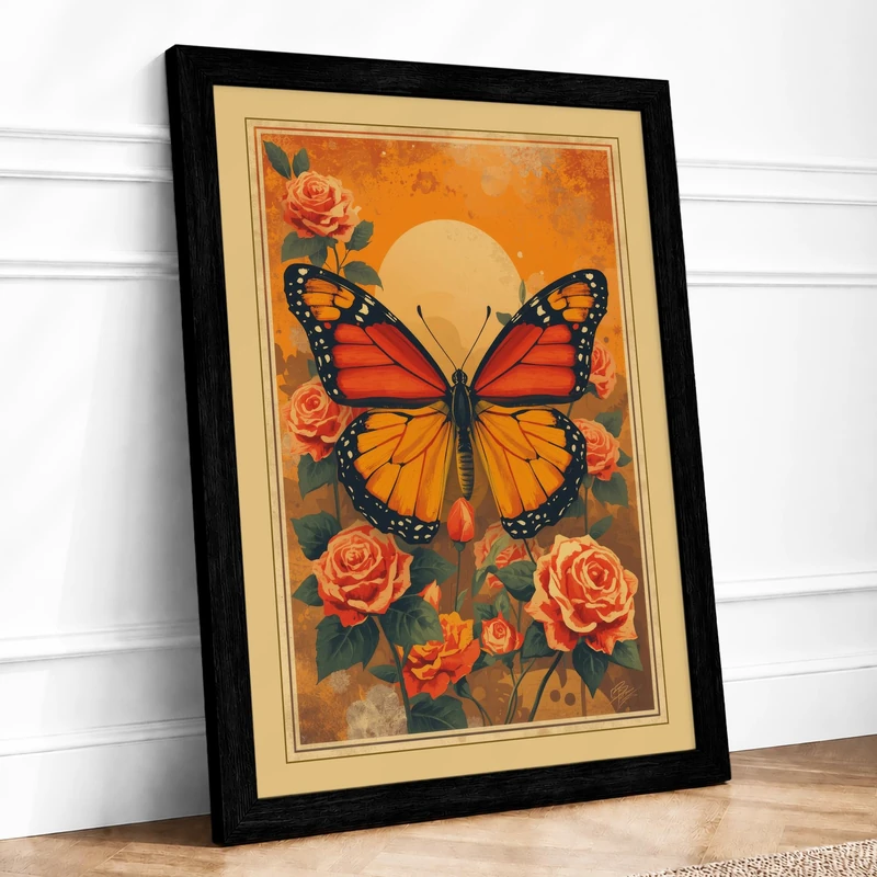 Monarch and Roses Botanical Framed Wall Art Print A1 (84.1×59.4cm) Black, Wall Decor for Living Room, Bedroom, Office & Home, Ready to Hang, Art Gift