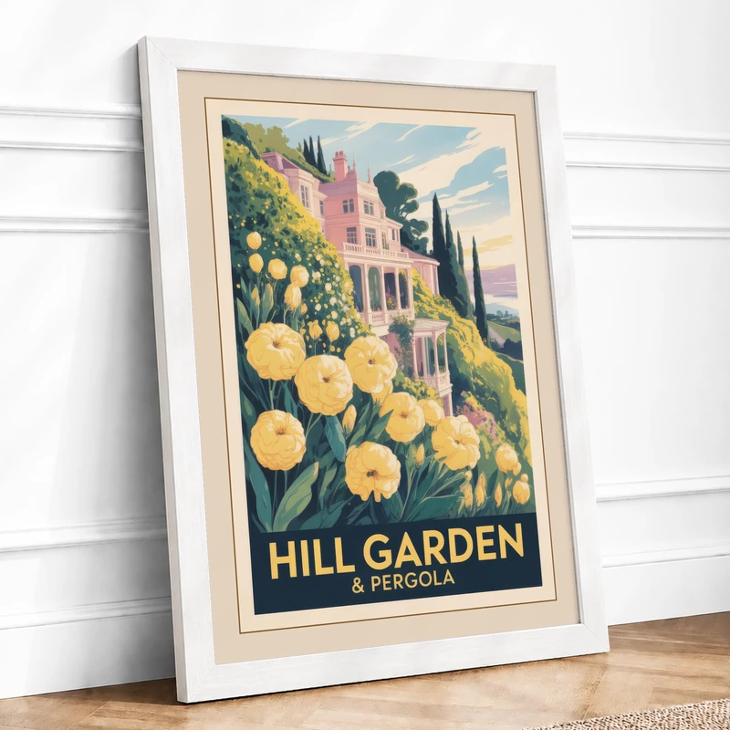 Mediterranean Hill Garden Vintage Framed Wall Art Print A1 (84.1×59.4cm) White, Wall Decor for Living Room, Bedroom, Office & Home, Ready to Hang, Art Gift