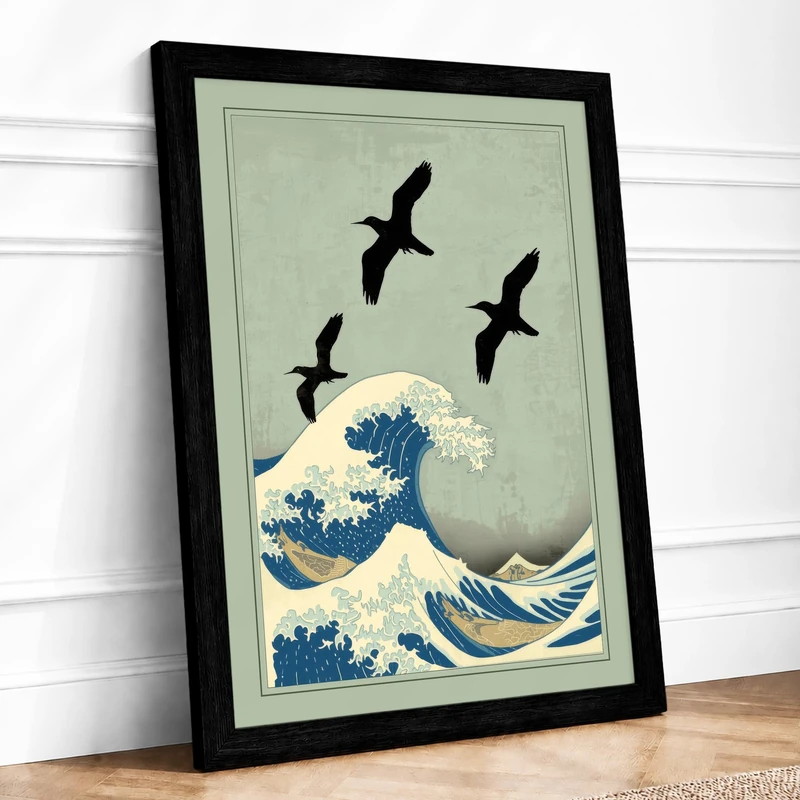 Wave and Flight Japandi Framed Wall Art Print A1 (84.1×59.4cm) Black, Wall Decor for Living Room, Bedroom, Office & Home, Ready to Hang, Art Gift