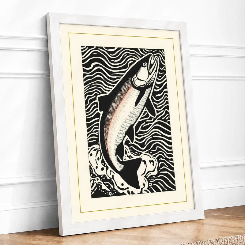 Leaping Fish Graphic Art Framed Wall Art Print A1 (84.1×59.4cm) White, Wall Decor for Living Room, Bedroom, Office & Home, Ready to Hang, Art Gift