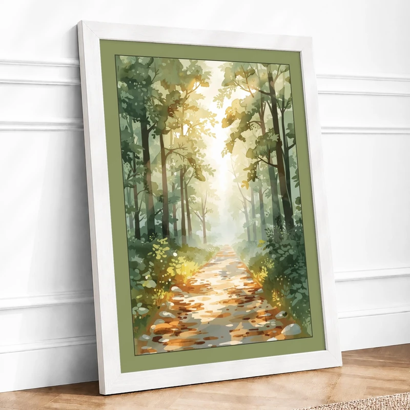 Woodland Path in Autumn Scandinavian Framed Wall Art Print A1 (84.1×59.4cm) White, Wall Decor for Living Room, Bedroom, Office & Home, Ready to Hang, Art Gift - Image 1