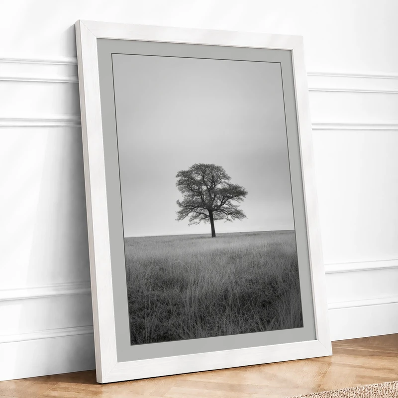 Solitary Tree Scandinavian Framed Wall Art Print A1 (84.1×59.4cm) White, Wall Decor for Living Room, Bedroom, Office & Home, Ready to Hang, Art Gift