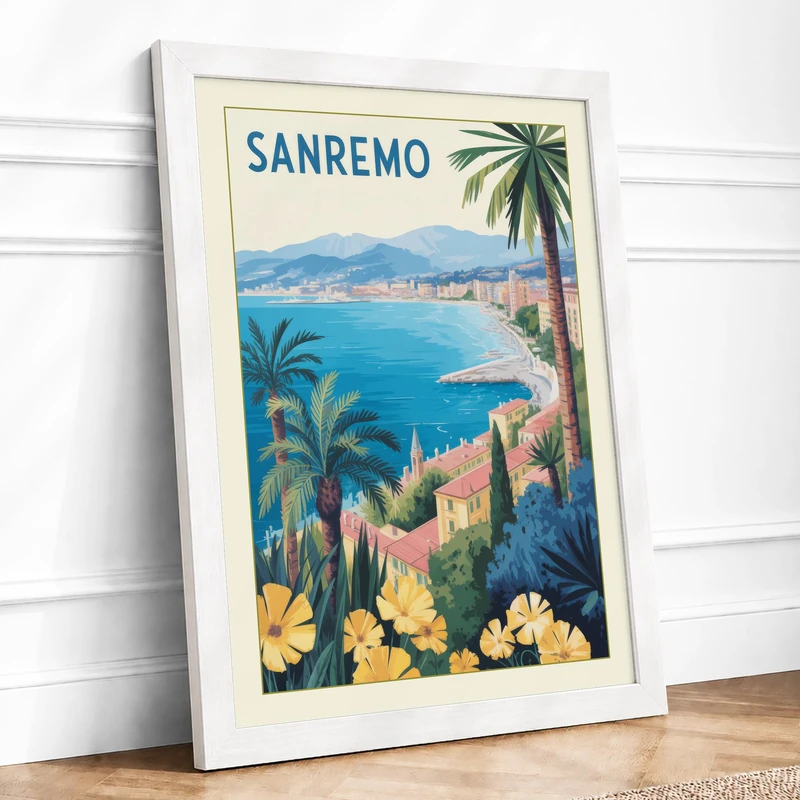 Postcard from Sanremo Vintage Framed Wall Art Print A1 (84.1×59.4cm) White, Wall Decor for Living Room, Bedroom, Office & Home, Ready to Hang, Art Gift