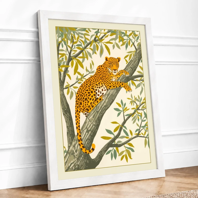 Resting Leopard Botanical Framed Wall Art Print A1 (84.1×59.4cm) White, Wall Decor for Living Room, Bedroom, Office & Home, Ready to Hang, Art Gift - Image 1