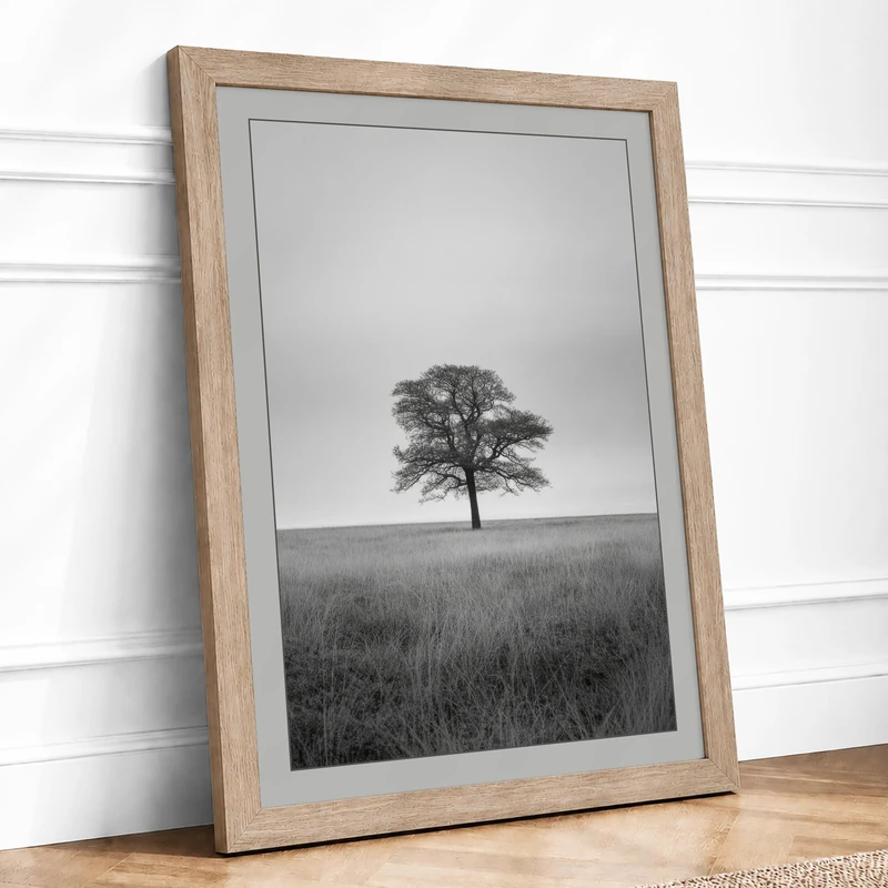 Solitary Tree Scandinavian Framed Wall Art Print A1 (84.1×59.4cm) Oak, Wall Decor for Living Room, Bedroom, Office & Home, Ready to Hang, Art Gift - Image 1