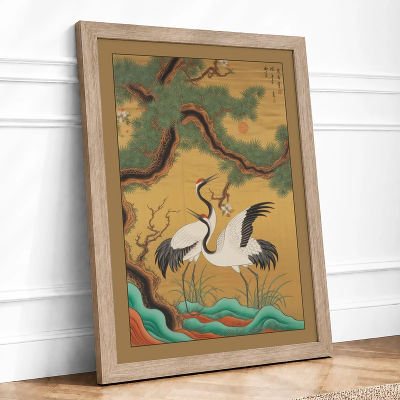 Cranes Beneath Ancient Tree Japandi Framed Wall Art Print A1 (84.1×59.4cm) Oak, Wall Decor for Living Room, Bedroom, Office & Home, Ready to Hang, Art Gift - Image 1
