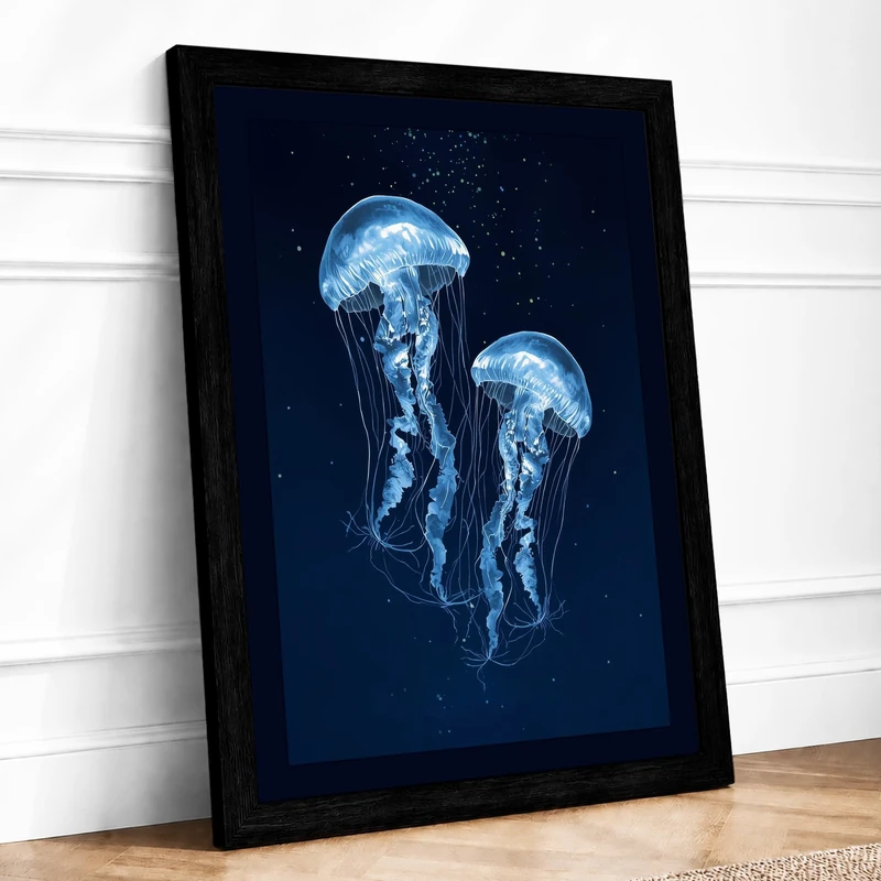 Jellyfish in the Void Coastal Framed Wall Art Print A1 (84.1×59.4cm) Black, Wall Decor for Living Room, Bedroom, Office & Home, Ready to Hang, Art Gift - Image 1