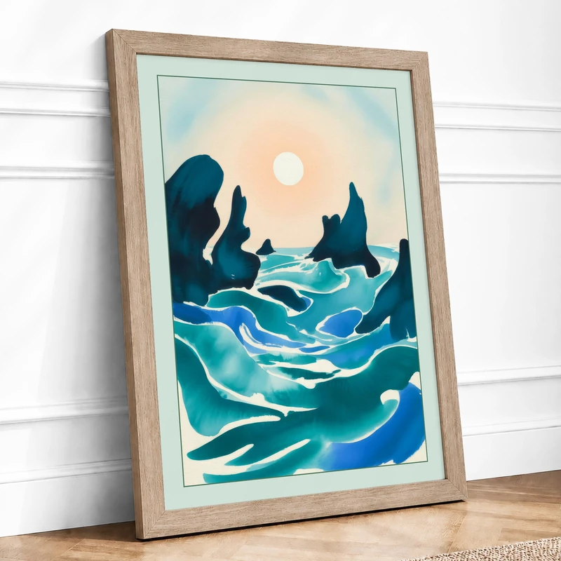 Serenity Coastal Framed Wall Art Print A1 (84.1×59.4cm) Oak, Wall Decor for Living Room, Bedroom, Office & Home, Ready to Hang, Art Gift