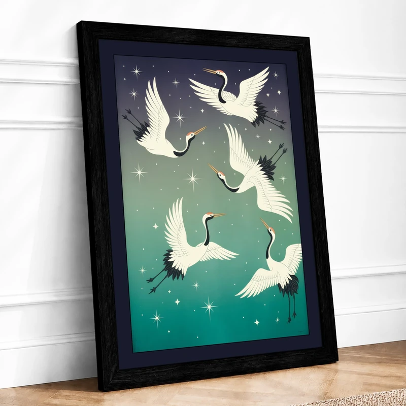 Flight of the Cranes Coastal Framed Wall Art Print A1 (84.1×59.4cm) Black, Wall Decor for Living Room, Bedroom, Office & Home, Ready to Hang, Art Gift