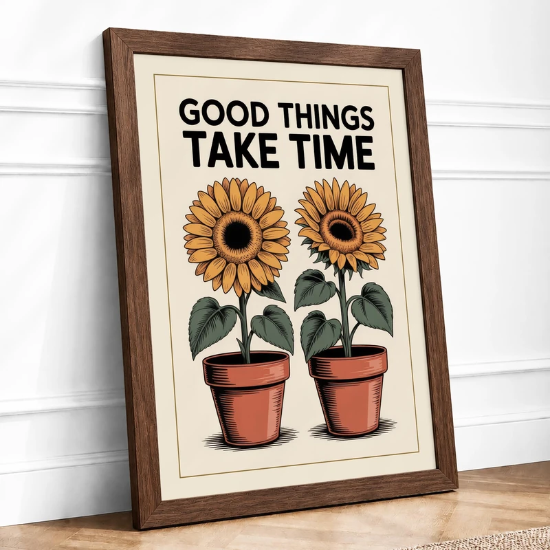 Good Things Take Time Botanical Framed Wall Art Print A1 (84.1×59.4cm) Walnut, Wall Decor for Living Room, Bedroom, Office & Home, Ready to Hang, Art Gift