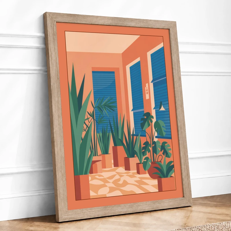 Mediterranean Courtyard Minimalist Framed Wall Art Print A1 (84.1×59.4cm) Oak, Wall Decor for Living Room, Bedroom, Office & Home, Ready to Hang, Art Gift - Image 1