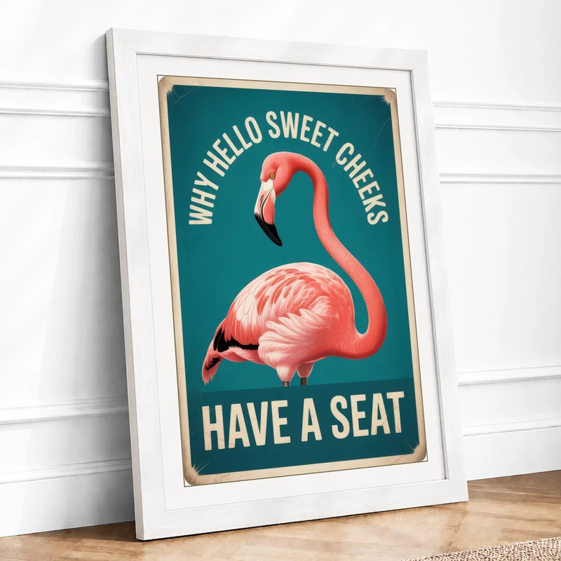 Sweet Cheeks Flamingo Sign Retro Framed Wall Art Print A1 White