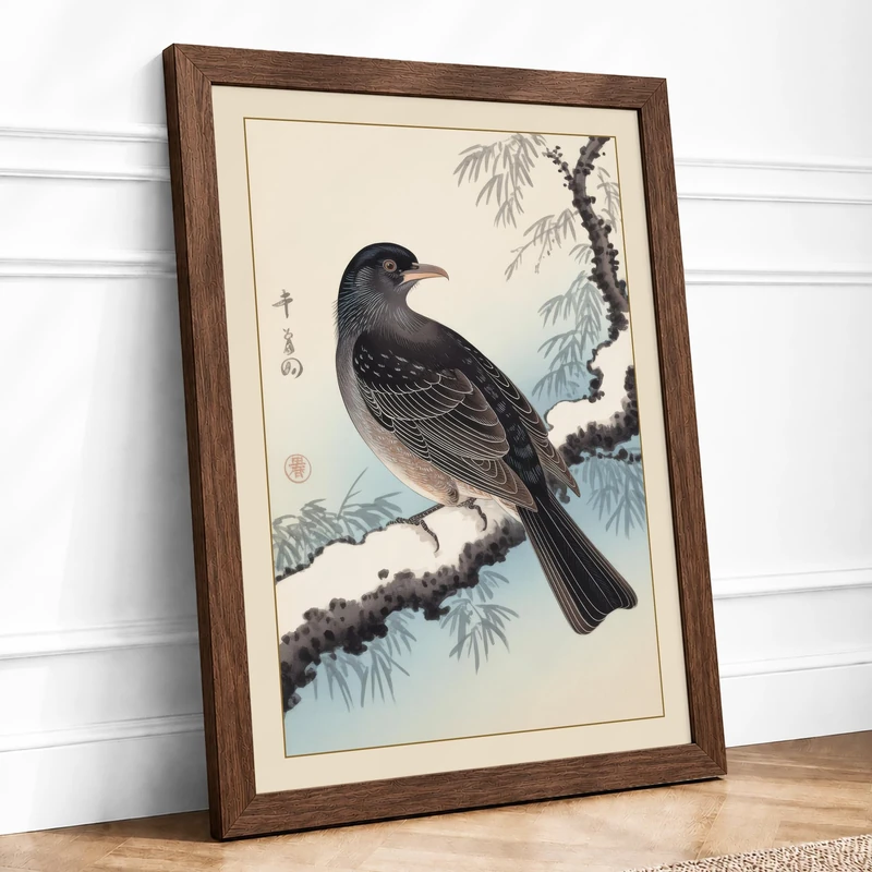 Winter Perch Japandi Framed Wall Art Print A1 (84.1×59.4cm) Walnut, Wall Decor for Living Room, Bedroom, Office & Home, Ready to Hang, Art Gift