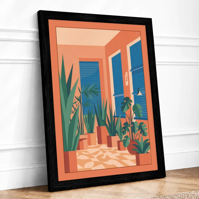 Mediterranean Courtyard Minimalist Framed Wall Art Print A1 (84.1×59.4cm) Black, Wall Decor for Living Room, Bedroom, Office & Home, Ready to Hang, Art Gift