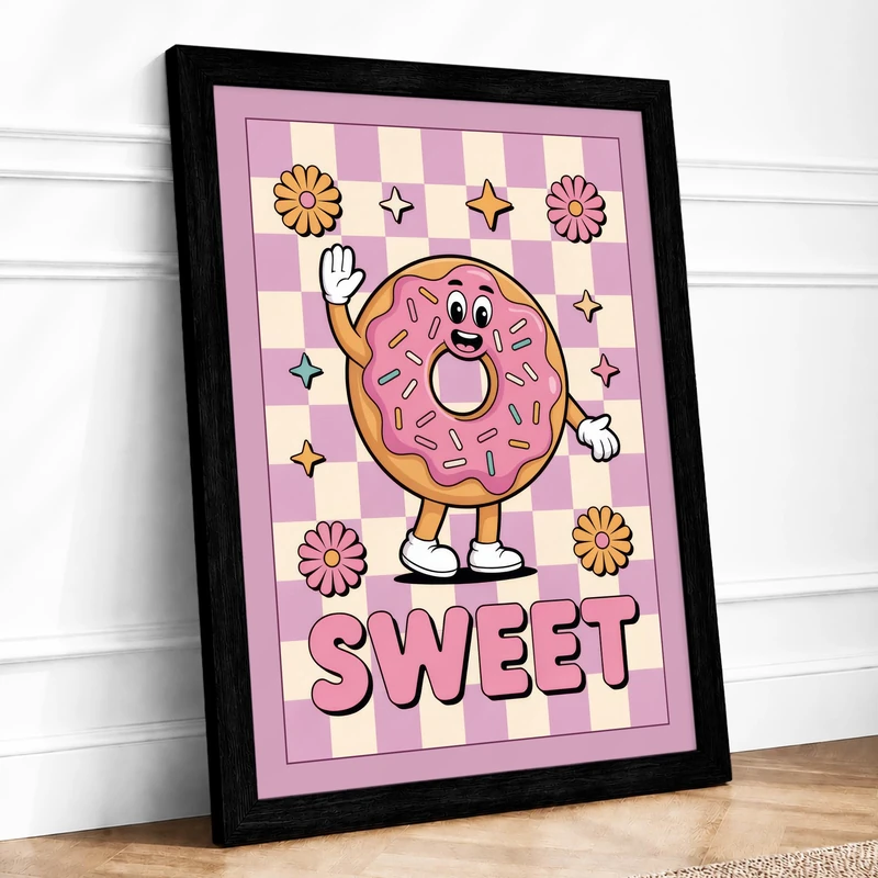 Sweet Donut Dream Retro Framed Wall Art Print A1 (84.1×59.4cm) Black, Wall Decor for Living Room, Bedroom, Office & Home, Ready to Hang, Art Gift