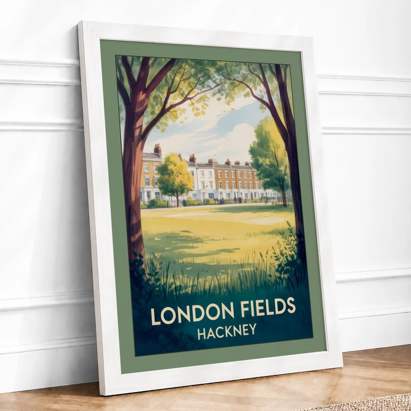 London Fields Estate Vintage Framed Wall Art Print A1 (84.1×59.4cm) White, Wall Decor for Living Room, Bedroom, Office & Home, Ready to Hang, Art Gift