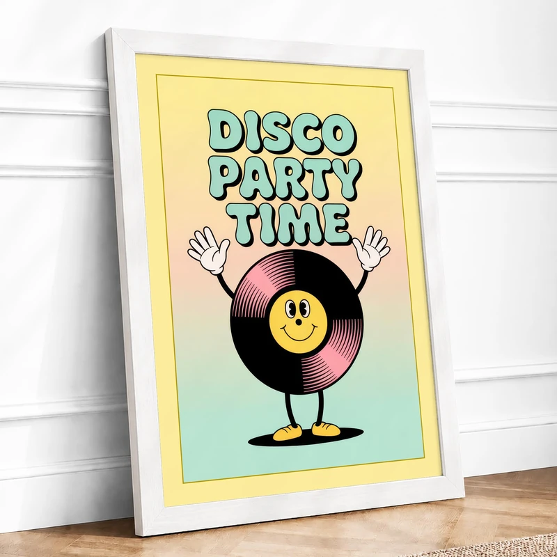 Disco Party Time Retro Framed Wall Art Print A1 (84.1×59.4cm) White, Wall Decor for Living Room, Bedroom, Office & Home, Ready to Hang, Art Gift