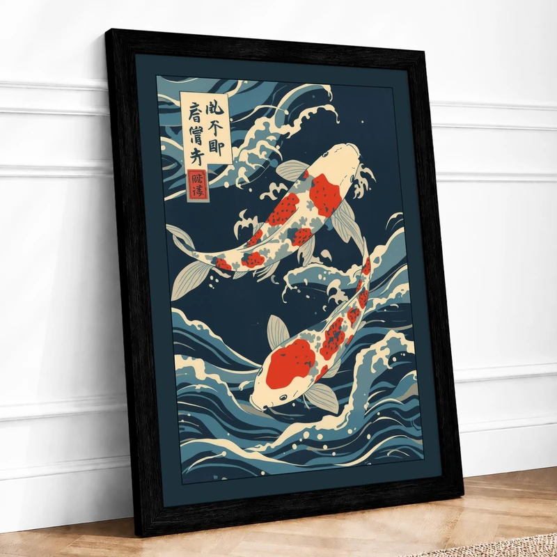 Koi in Winter Water Japandi Framed Wall Art Print A1 (84.1×59.4cm) Black, Wall Decor for Living Room, Bedroom, Office & Home, Ready to Hang, Art Gift - Image 1