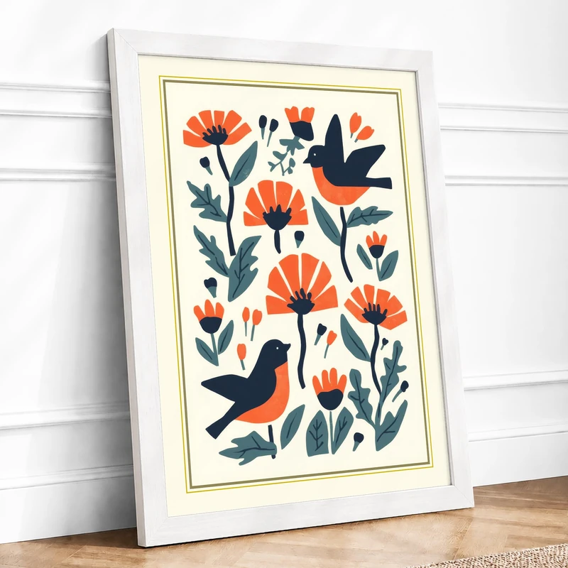 Birds and Marigolds Mid-Century Framed Wall Art Print A1 (84.1×59.4cm) White, Wall Decor for Living Room, Bedroom, Office & Home, Ready to Hang, Art Gift - Image 1