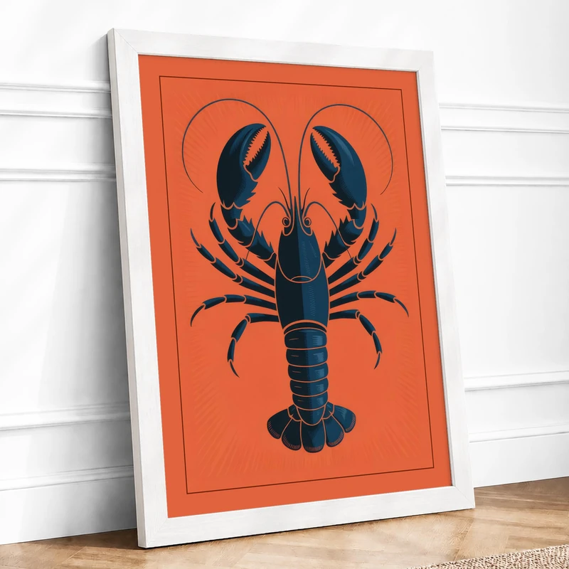 Lobster Emblem Modern Framed Wall Art Print A1 (84.1×59.4cm) White, Wall Decor for Living Room, Bedroom, Office & Home, Ready to Hang, Art Gift