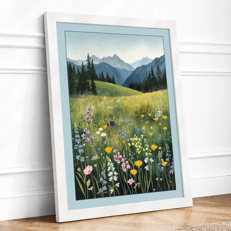 Meadow at Mountain Rise Landscape Framed Wall Art Print A1 (84.1×59.4cm) White, Wall Decor for Living Room, Bedroom, Office & Home, Ready to Hang, Art Gift
