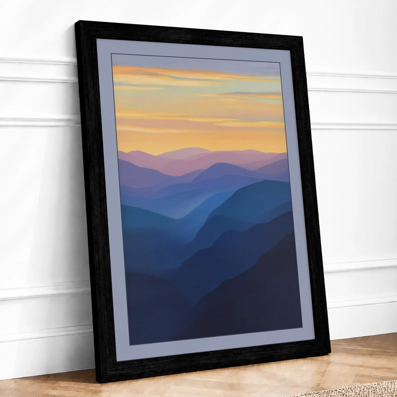 Mountains at Dawn Minimalist Framed Wall Art Print A1 (84.1×59.4cm) Black, Wall Decor for Living Room, Bedroom, Office & Home, Ready to Hang, Art Gift - Image 1
