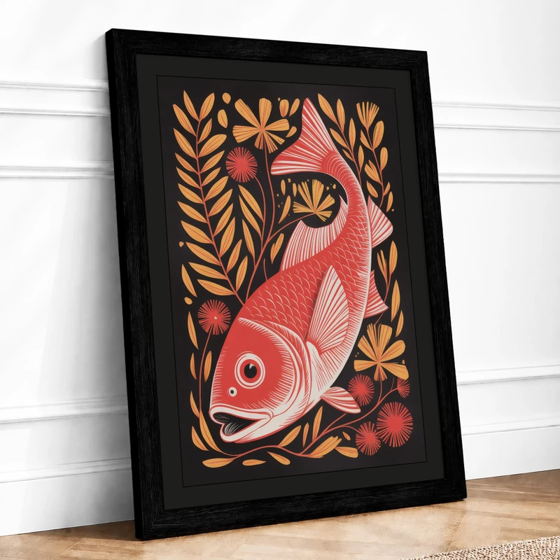 Coral Fish in Gold Boho Framed Wall Art Print A1 (84.1×59.4cm) Black, Wall Decor for Living Room, Bedroom, Office & Home, Ready to Hang, Art Gift - Image 1