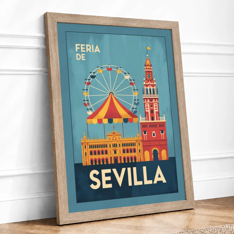 Postcard from Seville Vintage Framed Wall Art Print A1 (84.1×59.4cm) Oak, Wall Decor for Living Room, Bedroom, Office & Home, Ready to Hang, Art Gift - Image 1