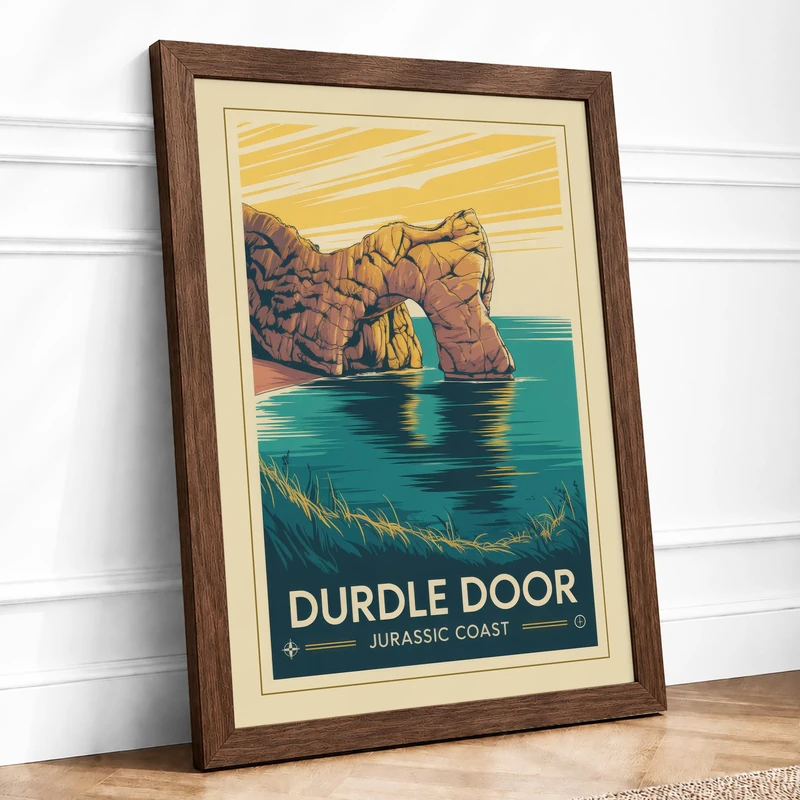 Durdle Door at Dusk Vintage Framed Wall Art Print A1 (84.1×59.4cm) Walnut, Wall Decor for Living Room, Bedroom, Office & Home, Ready to Hang, Art Gift - Image 1