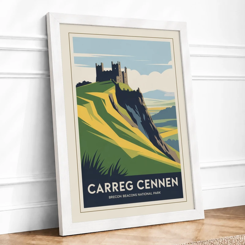 Carreg Cennen Castle Vintage Framed Wall Art Print A1 (84.1×59.4cm) White, Wall Decor for Living Room, Bedroom, Office & Home, Ready to Hang, Art Gift
