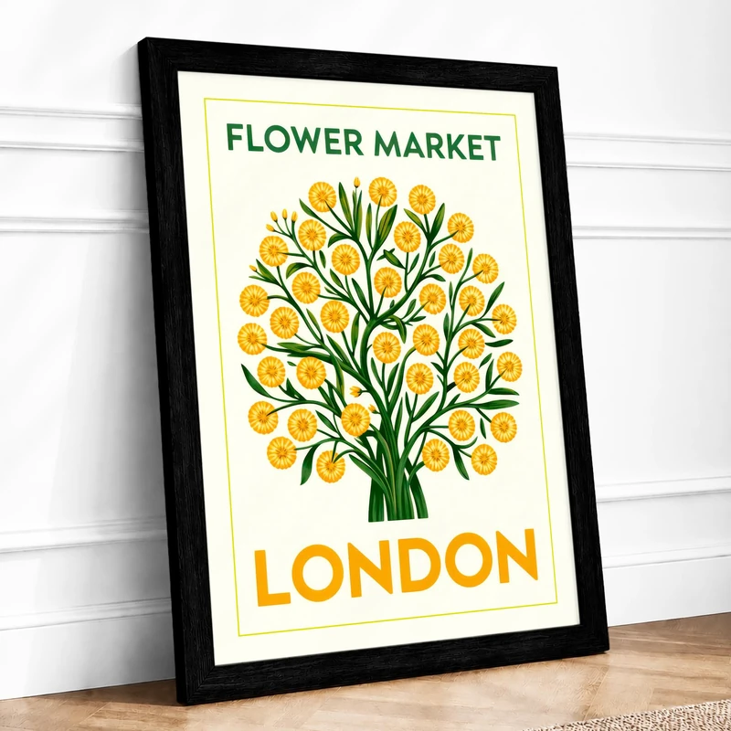 Flower Market London Botanical Framed Wall Art Print A1 (84.1×59.4cm) Black, Wall Decor for Living Room, Bedroom, Office & Home, Ready to Hang, Art Gift