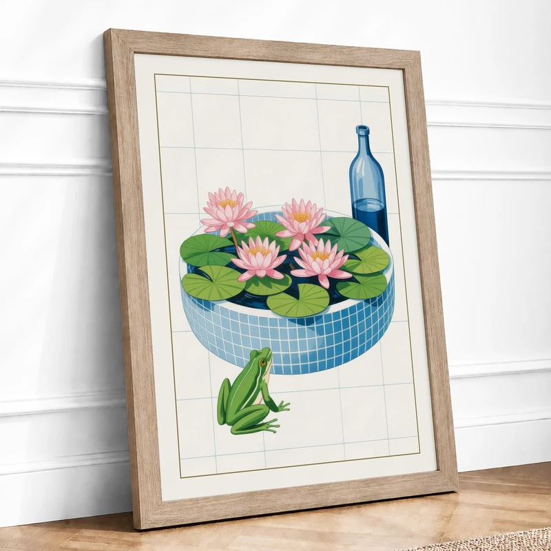 Water Lilies in Blue Botanical Framed Wall Art Print A1 (84.1×59.4cm) Oak, Wall Decor for Living Room, Bedroom, Office & Home, Ready to Hang, Art Gift