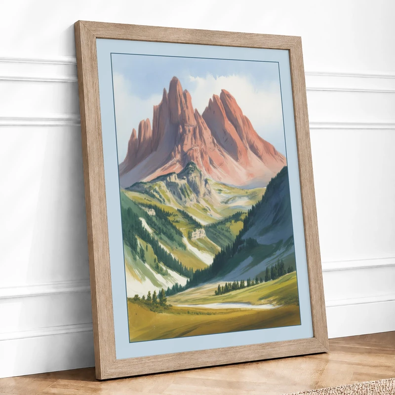 Mountain Peak Above Valley Vintage Framed Wall Art Print A1 (84.1×59.4cm) Oak, Wall Decor for Living Room, Bedroom, Office & Home, Ready to Hang, Art Gift