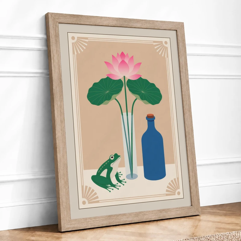 Lotus with Frog and Bottle Botanical Framed Wall Art Print A1 (84.1×59.4cm) Oak, Wall Decor for Living Room, Bedroom, Office & Home, Ready to Hang, Art Gift - Image 1
