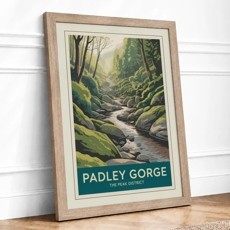 Padley Gorge Vintage Framed Wall Art Print A1 (84.1×59.4cm) Oak, Wall Decor for Living Room, Bedroom, Office & Home, Ready to Hang, Art Gift