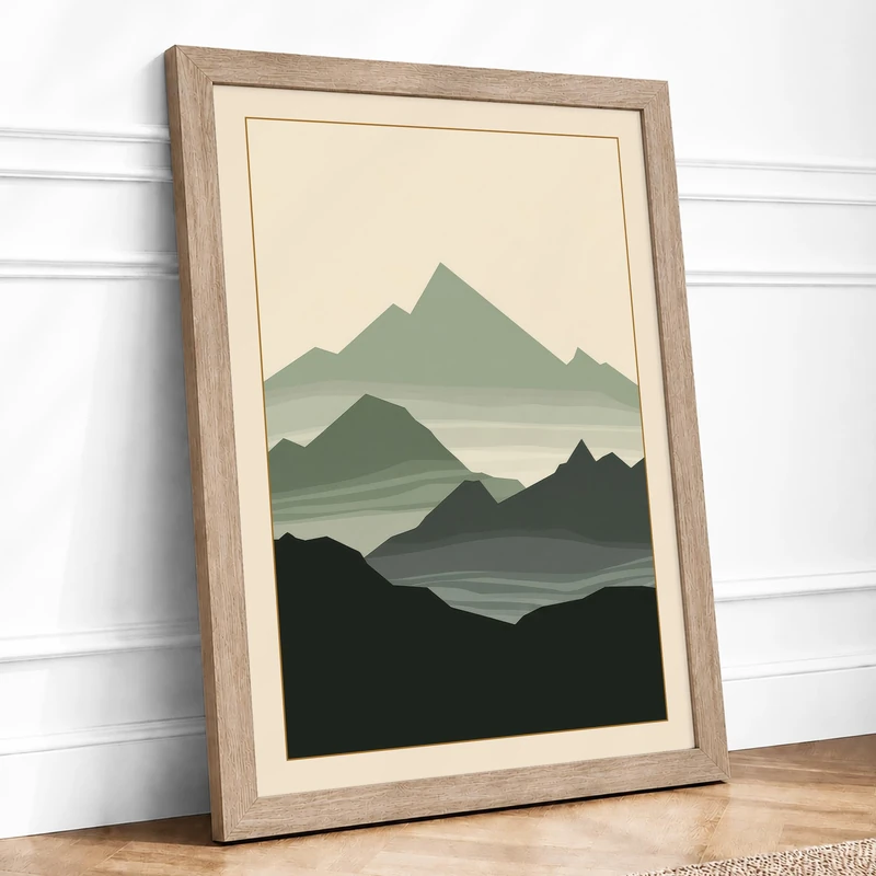 Mountains in Mist Minimalist Framed Wall Art Print A1 (84.1×59.4cm) Oak, Wall Decor for Living Room, Bedroom, Office & Home, Ready to Hang, Art Gift