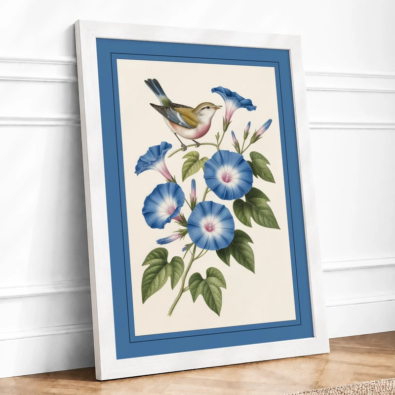 Songbird with Morning Glories Botanical Framed Wall Art Print A1 (84.1×59.4cm) White, Wall Decor for Living Room, Bedroom, Office & Home, Ready to Hang, Art Gift - Image 1