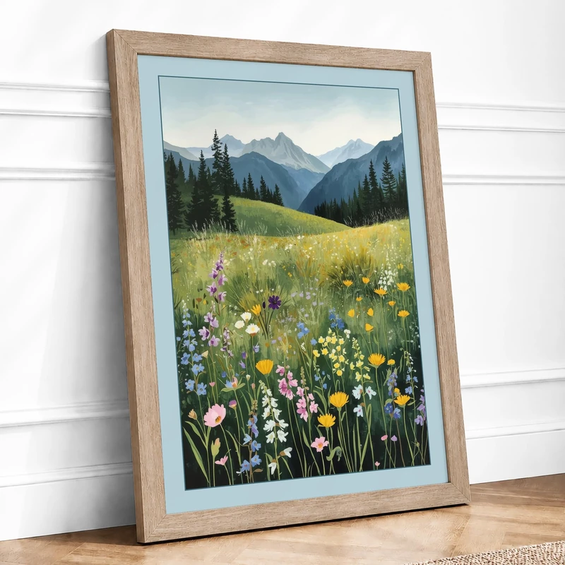 Meadow at Mountain Rise Landscape Framed Wall Art Print A1 (84.1×59.4cm) Oak, Wall Decor for Living Room, Bedroom, Office & Home, Ready to Hang, Art Gift