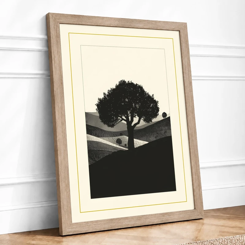 Solitary Tree Minimalist Framed Wall Art Print A1 (84.1×59.4cm) Oak, Wall Decor for Living Room, Bedroom, Office & Home, Ready to Hang, Art Gift