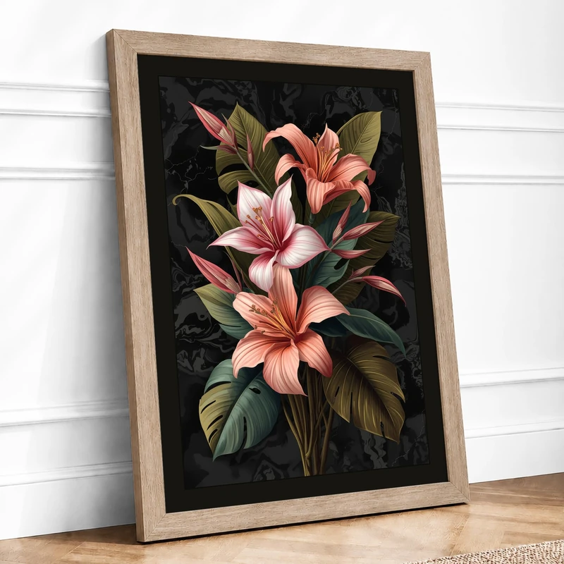 Lilies in Bloom Botanical Framed Wall Art Print A1 (84.1×59.4cm) Oak, Wall Decor for Living Room, Bedroom, Office & Home, Ready to Hang, Art Gift