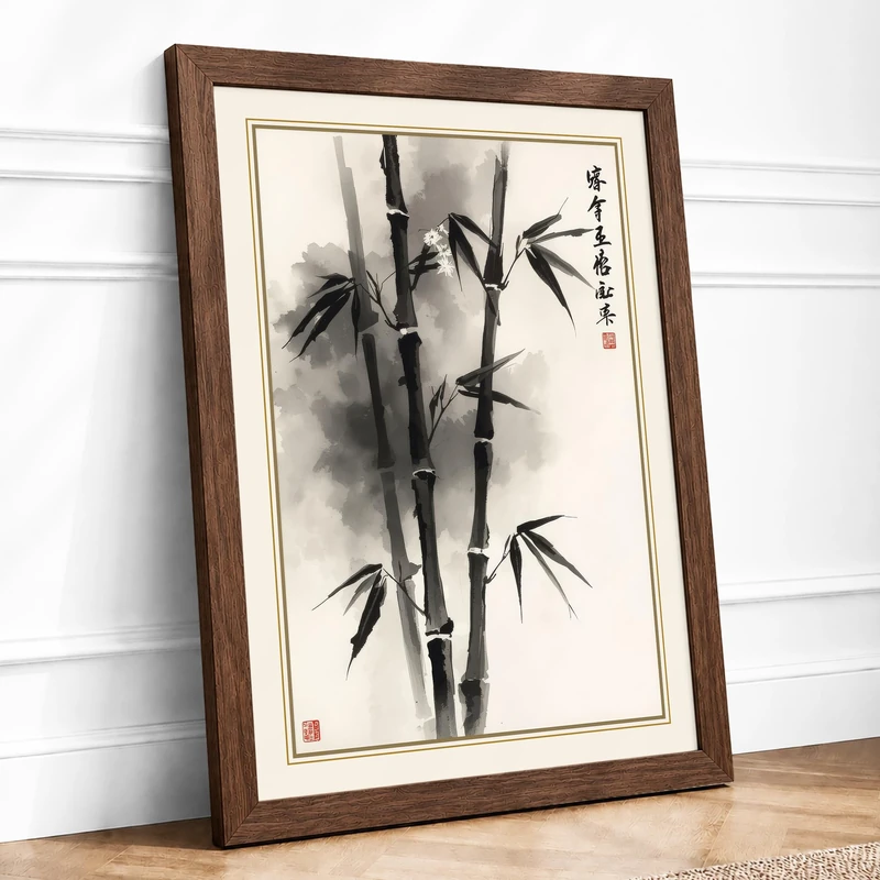 Bamboo in Ink Japandi Framed Wall Art Print A1 (84.1×59.4cm) Walnut, Wall Decor for Living Room, Bedroom, Office & Home, Ready to Hang, Art Gift - Image 1