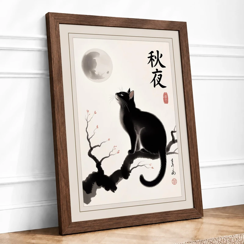 Cat Under Autumn Moon Japandi Framed Wall Art Print A1 (84.1×59.4cm) Walnut, Wall Decor for Living Room, Bedroom, Office & Home, Ready to Hang, Art Gift - Image 1