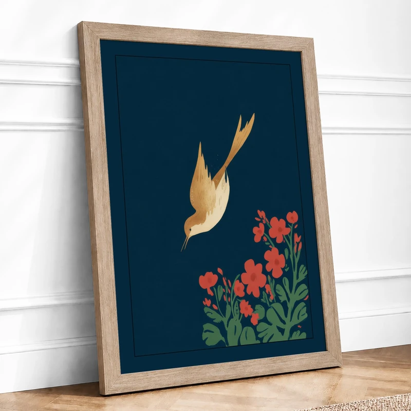 Golden Bird in Descent Botanical Framed Wall Art Print A1 (84.1×59.4cm) Oak, Wall Decor for Living Room, Bedroom, Office & Home, Ready to Hang, Art Gift - Image 1
