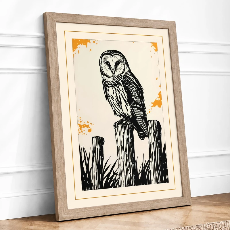 Barn Owl on Post Japandi Framed Wall Art Print A1 (84.1×59.4cm) Oak, Wall Decor for Living Room, Bedroom, Office & Home, Ready to Hang, Art Gift