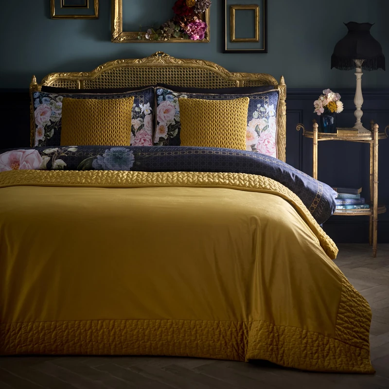 House of Llewelyn-Bowen Siena Yellow Bedspread Double – Maximalist Bedding – Velvet Recycled Polyester – Yellow Siena Bedroom Decor