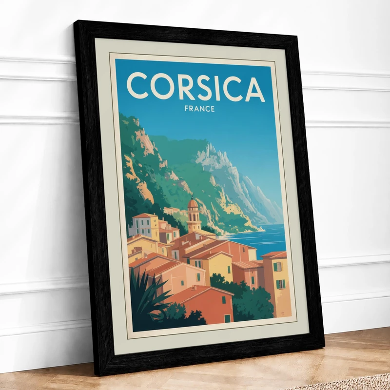 Postcard from Corsica Vintage Framed Wall Art Print A1 (84.1×59.4cm) Black, Wall Decor for Living Room, Bedroom, Office & Home, Ready to Hang, Art Gift