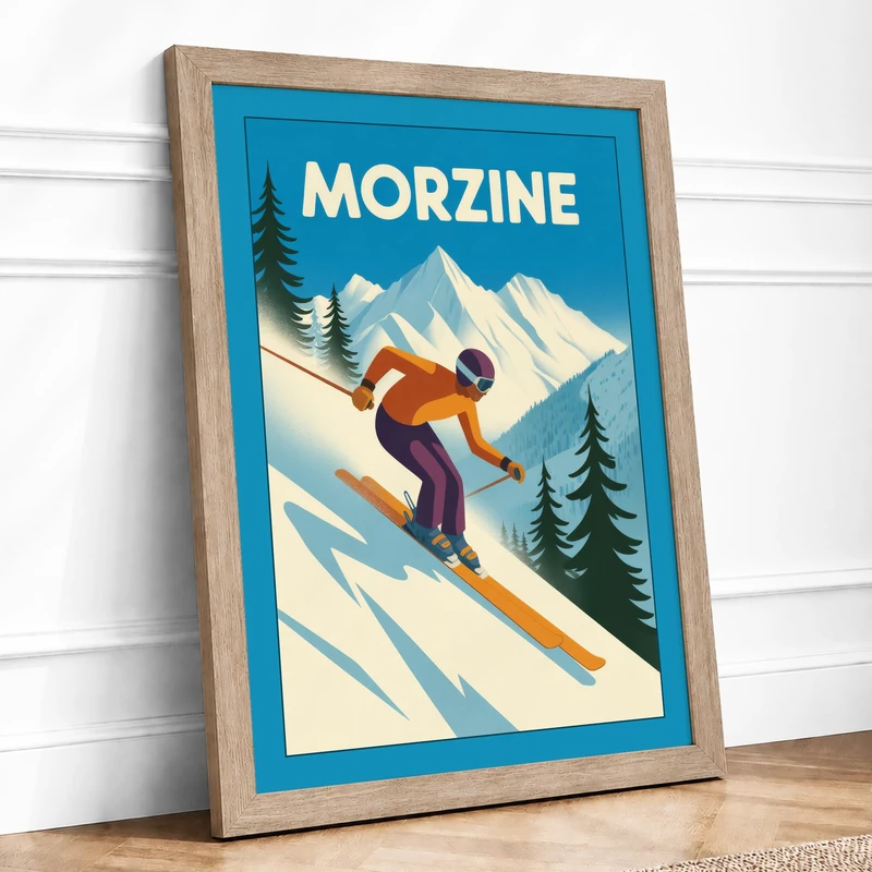 Postcard from Morzine Vintage Framed Wall Art Print A1 (84.1×59.4cm) Oak, Wall Decor for Living Room, Bedroom, Office & Home, Ready to Hang, Art Gift