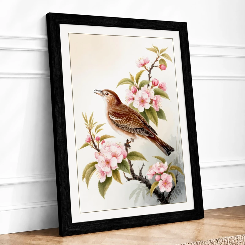 Bird Among Blossoms Botanical Framed Wall Art Print A1 (84.1×59.4cm) Black, Wall Decor for Living Room, Bedroom, Office & Home, Ready to Hang, Art Gift - Image 1