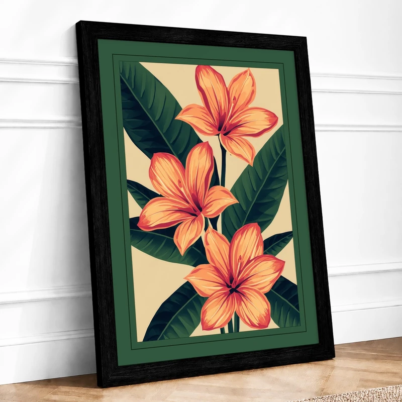 Three Orange Blooms Botanical Framed Wall Art Print A1 (84.1×59.4cm) Black, Wall Decor for Living Room, Bedroom, Office & Home, Ready to Hang, Art Gift - Image 1